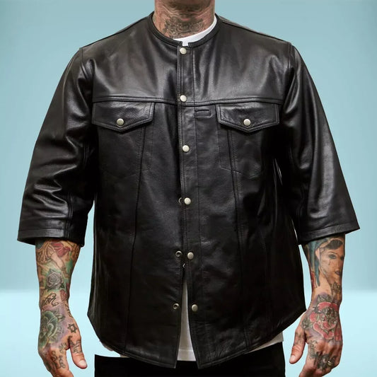 round neck collarless leather shirt men black snap cowhide