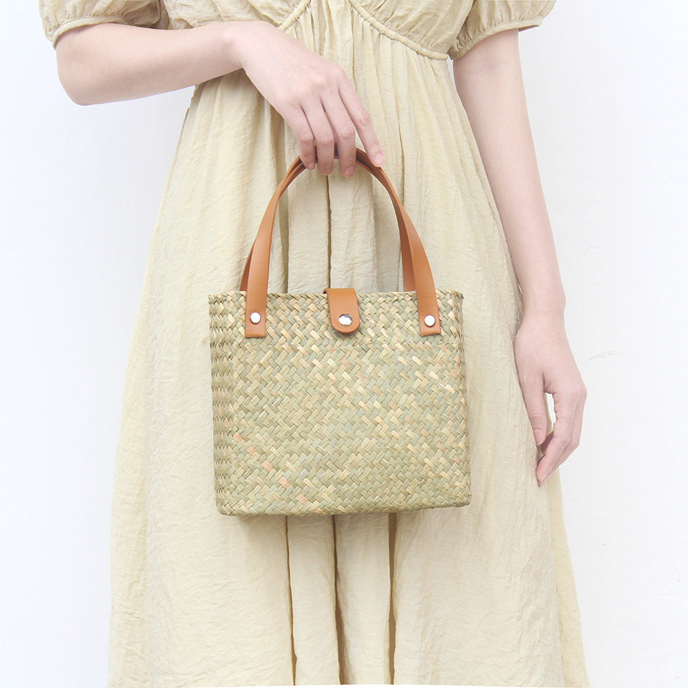 Nordic mini woven straw tote with leather handles