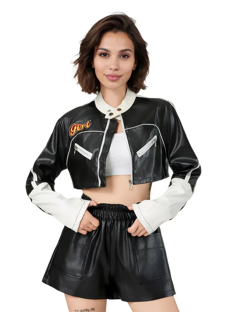 Black and White Faux Leather Jacket Women Cropped Biker Style