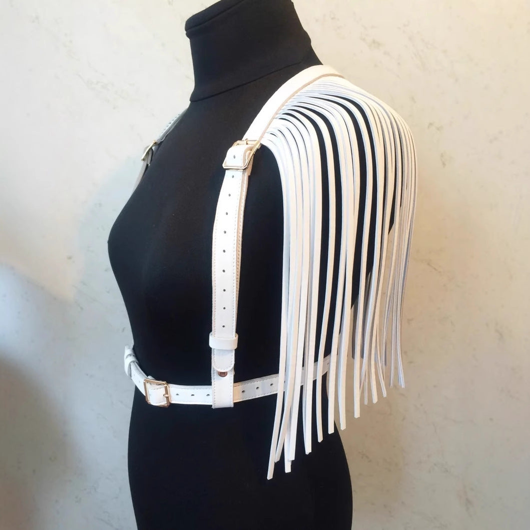 Holographic fringe shoulder harness festival rave tassel belt