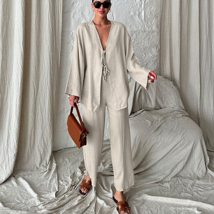 Loose cotton lounge cardigan trousers two piece set 1 S