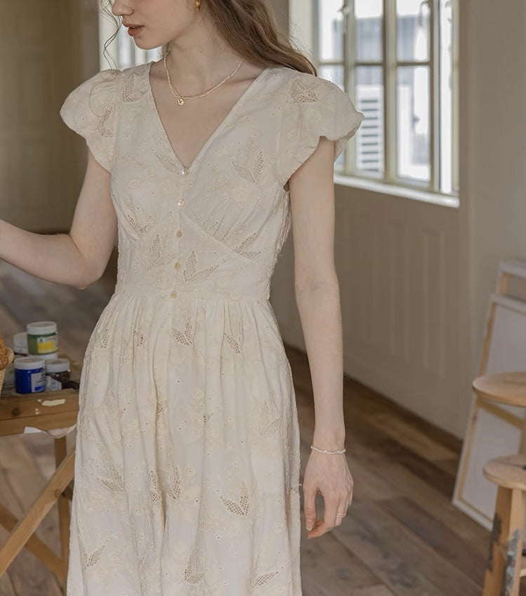 cotton midi dress v neck embroidered summer