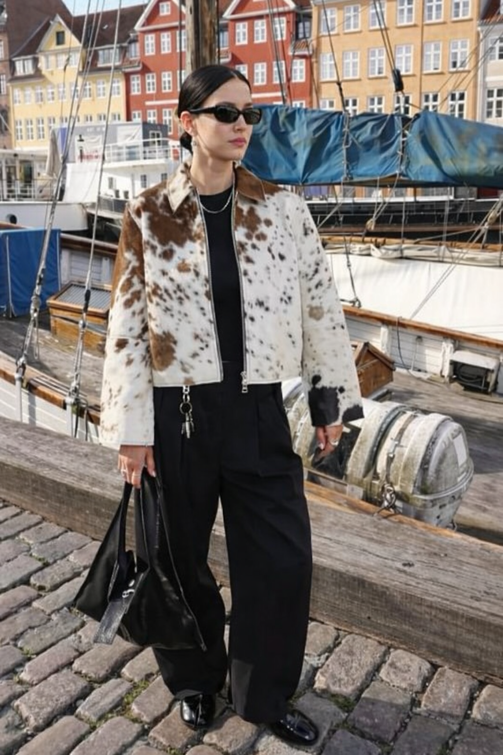 brown white cowhide jacket women western hair on leather