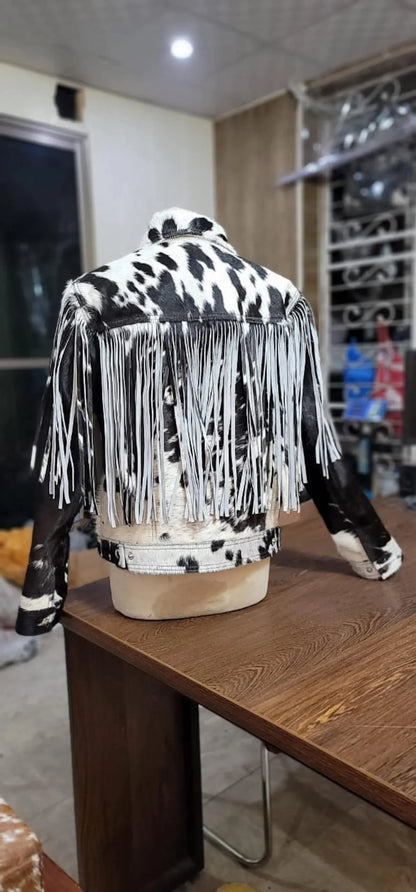 Black White Cowhide Jacket Womens Hair On Hide Fringe Jacket