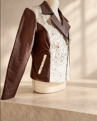 Cowhide Coat for Women in Brown Leather and White Hair-on Hide