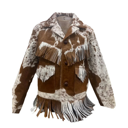 cowhide jacket brown white fur fringe western coat