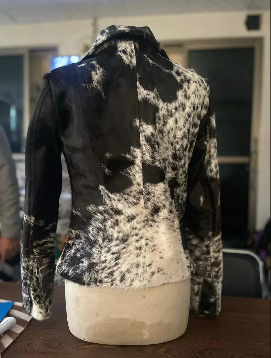 cowhide jacket women black white hair on hide