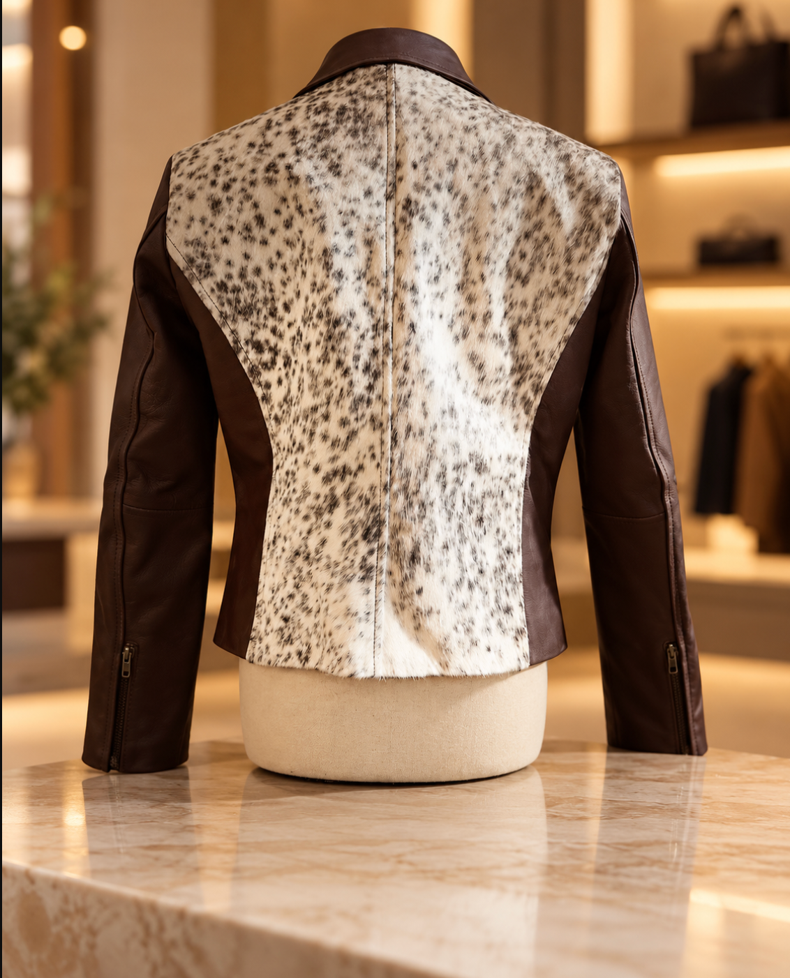 Cowhide Coat for Women in Brown Leather and White Hair-on Hide