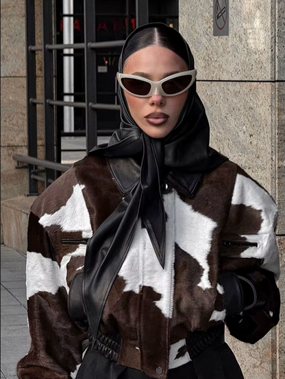 Women tricolor hair on cowhide jacket