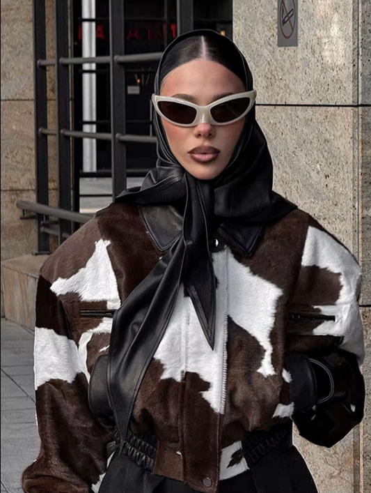 Women tricolor hair on cowhide jacket