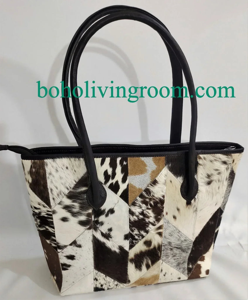 Cowhide tote bag leather patchwork shoulder handbag