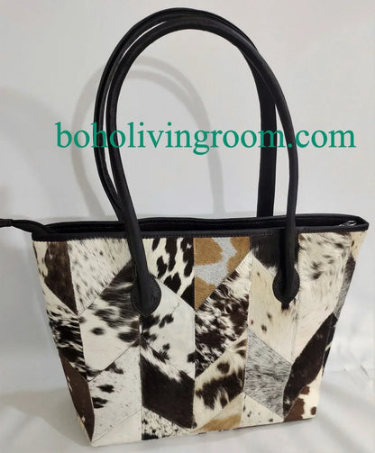 Cowhide tote bag leather patchwork shoulder handbag