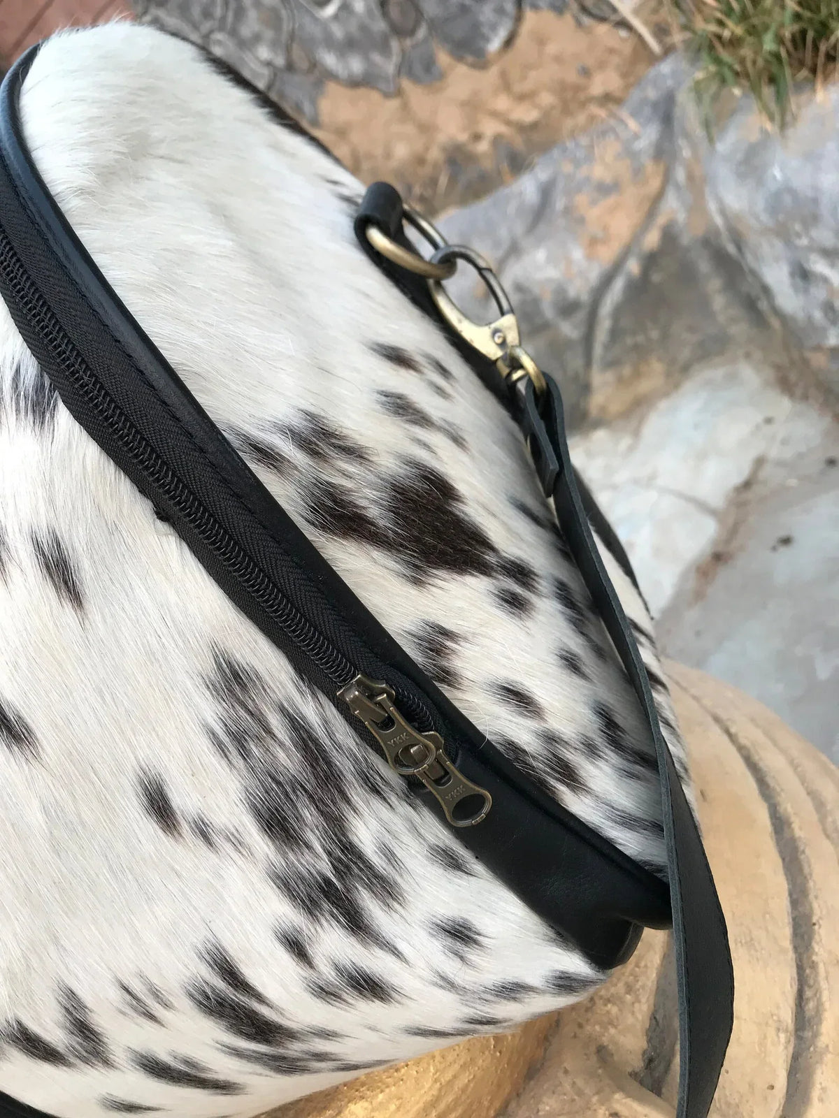 Black White Cowhide Duffle Bag with Shoulder Strap