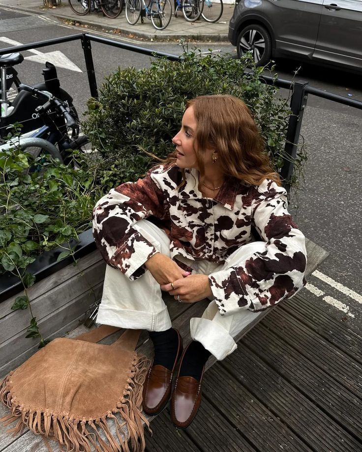 Cowhide jacket women brown white cropped western street style coat