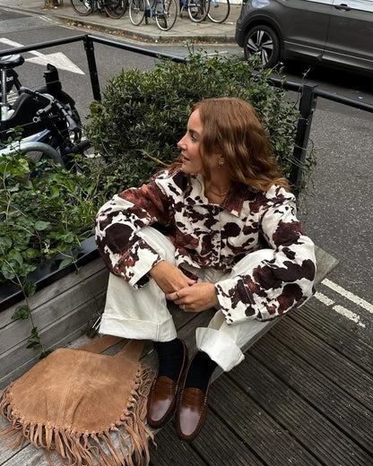 Cowhide jacket women brown white cropped western street style coat