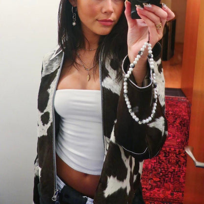 Women tricolor cowhide jacket real hair on hide cow print