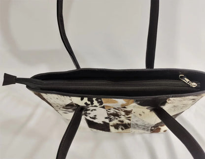 Cowhide tote bag leather patchwork shoulder handbag