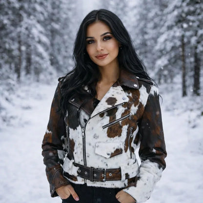 Western cowhide fur biker jacket for women western wear