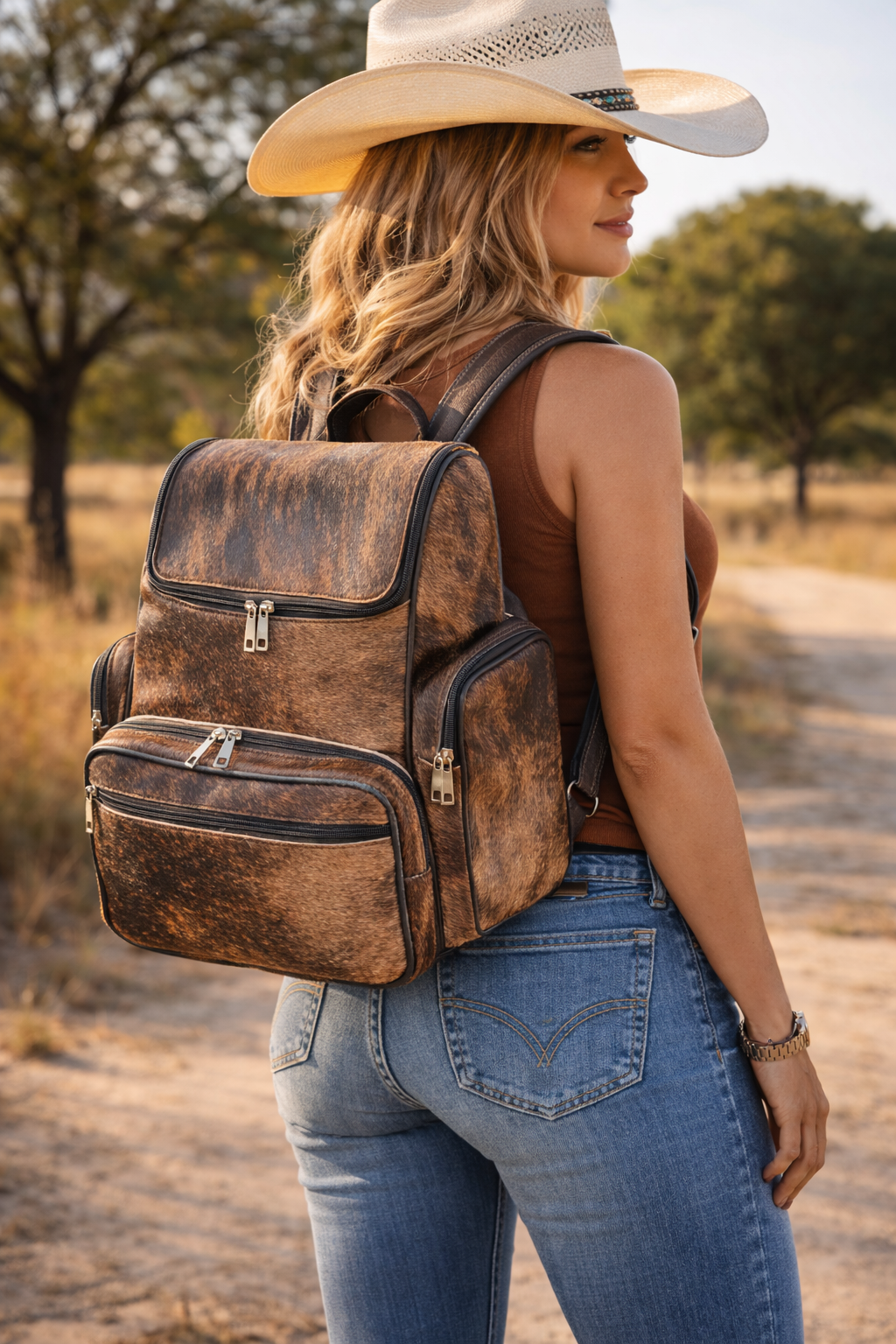 Dark brown hair-on cowhide mommy backpack