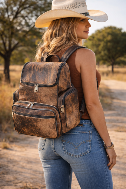 Dark brown hair-on cowhide mommy backpack