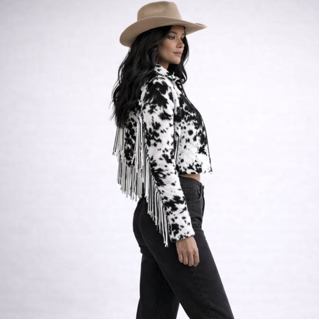 women black white cowhide jacket with fringe