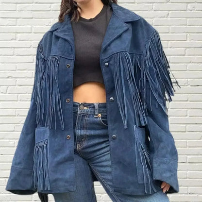 Blue Suede Fringe Jacket Women Western Cowgirl Leather Coat