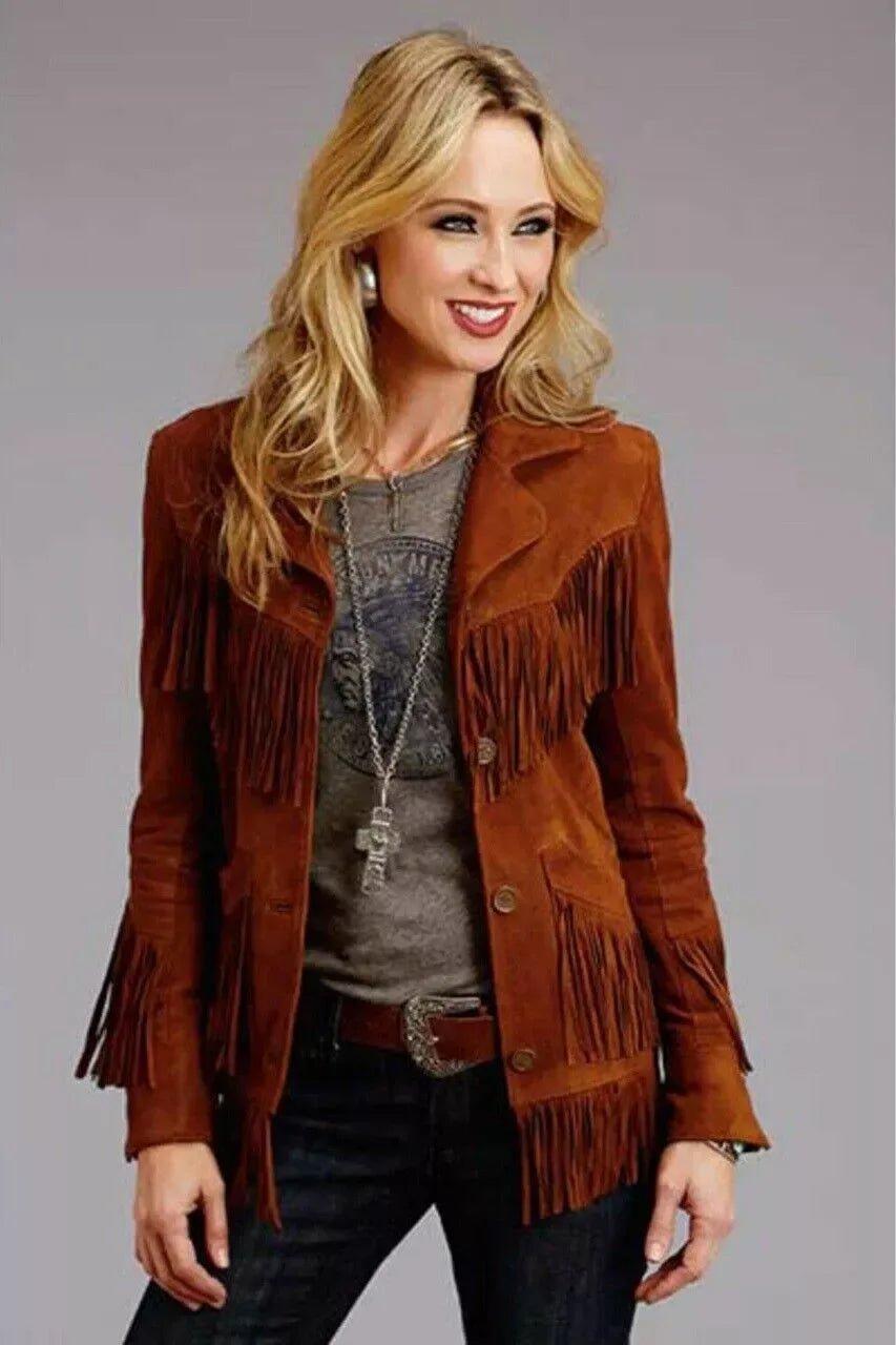 Cowgirl suede jacket women real suede fringe brown jacket