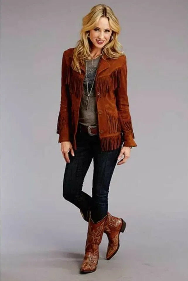 Cowgirl suede jacket women real suede fringe brown jacket