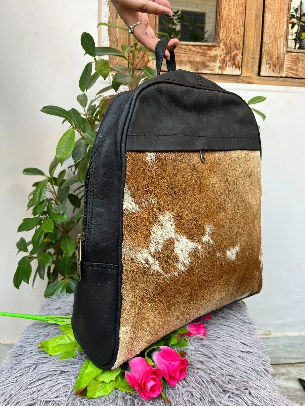 Western Cowhide Leather Backpack Hair On Hide Travel Bag