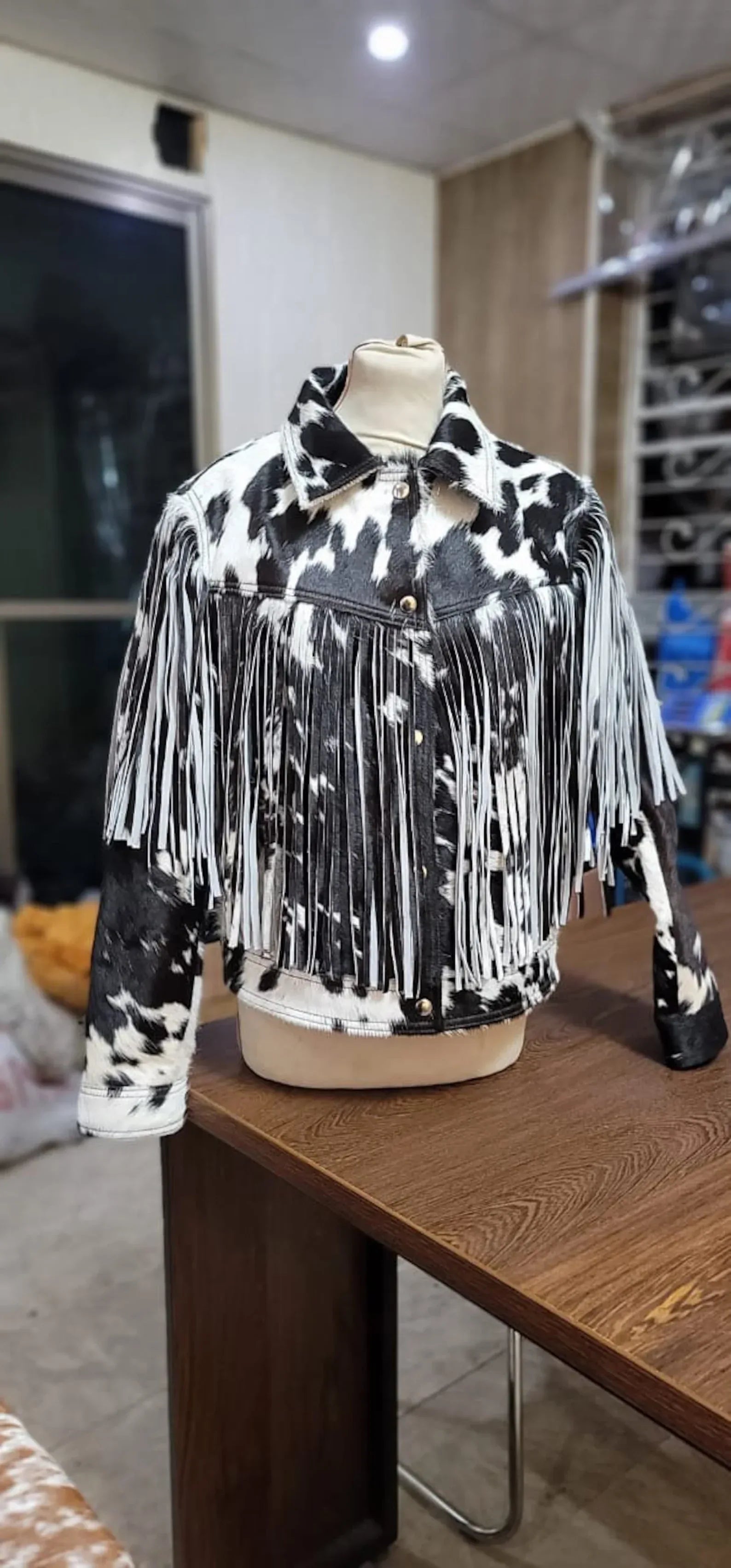 Black White Cowhide Jacket Womens Hair On Hide Fringe Jacket