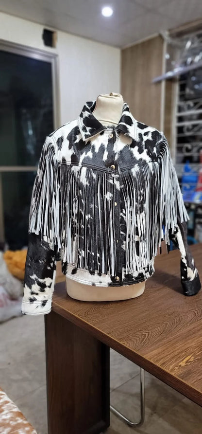 Black White Cowhide Jacket Womens Hair On Hide Fringe Jacket