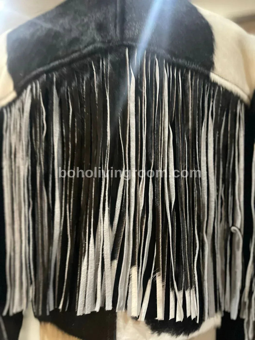 Cowhide Fringe Jacket Womens – Black White Western Style