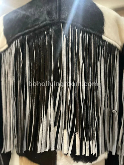 Cowhide Fringe Jacket Womens – Black White Western Style