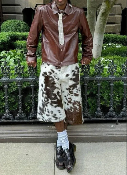 Men Cowhide Shorts Hair On Cowhide Leather Bermuda Shorts