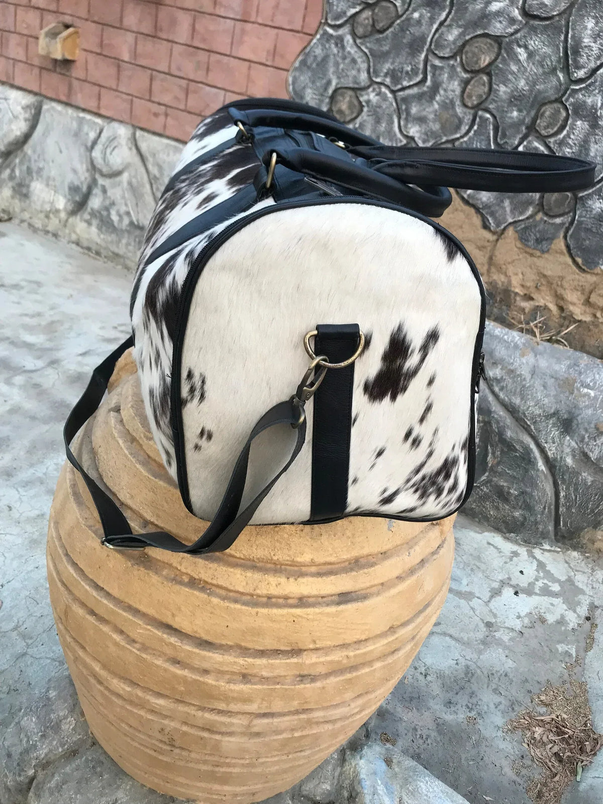 Black White Cowhide Duffle Bag with Shoulder Strap