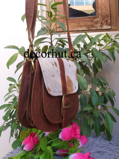 natural cowhide crossbody bag brown white leather purse