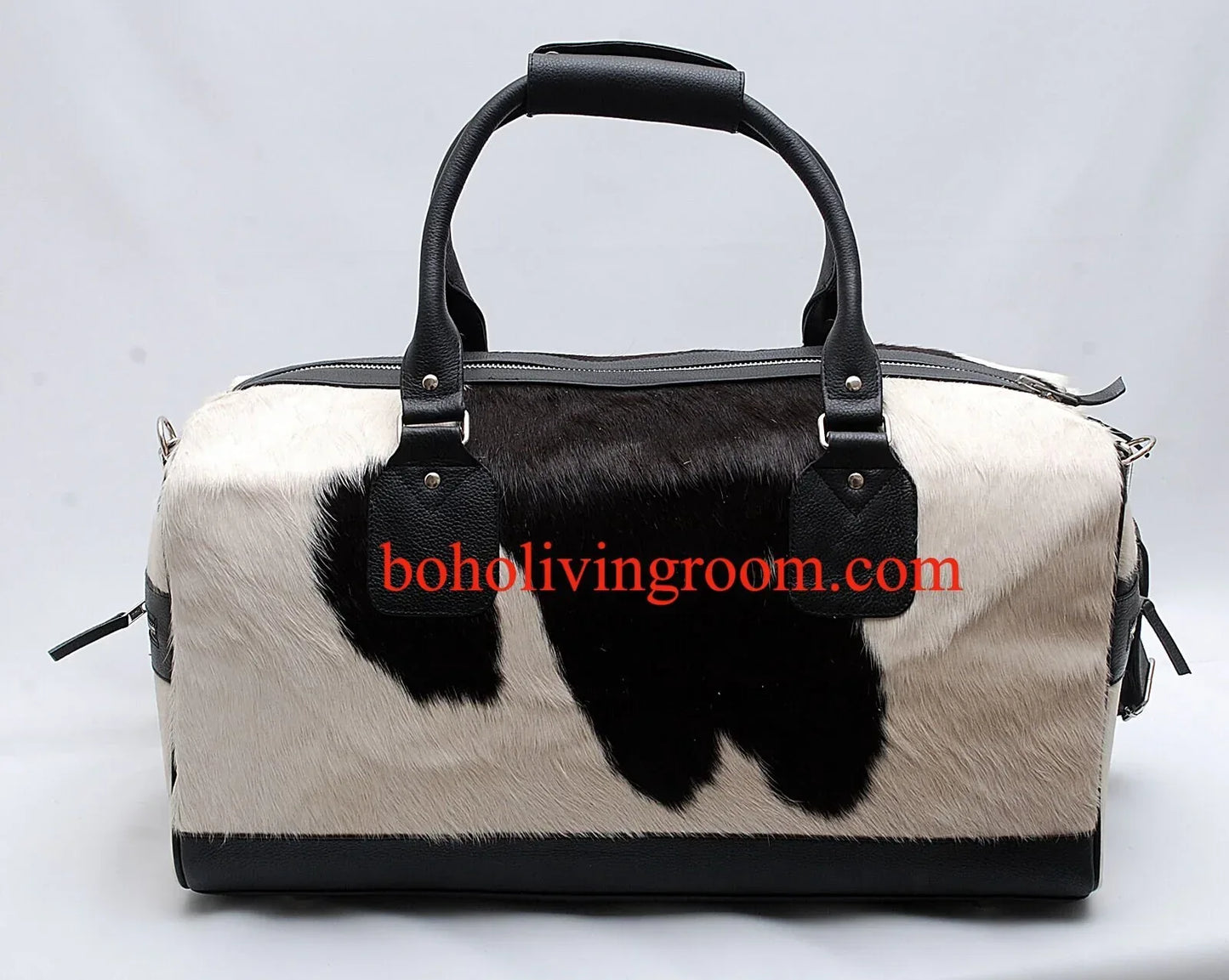 cowhide duffle bag black white hair on travel bag