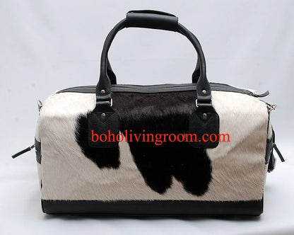 cowhide duffle bag black white hair on travel bag