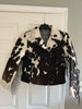 Stand out in a cowhide fringe jacket women's style—real cow hide jacket with fringe, bold cow print, and Western edge for rodeo, concerts, or casual wear.

