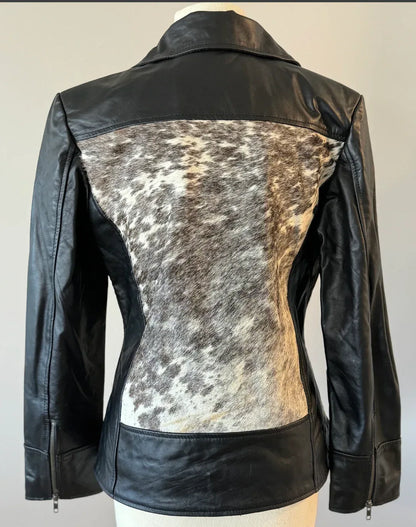cowhide jacket women black white moto cow print leather