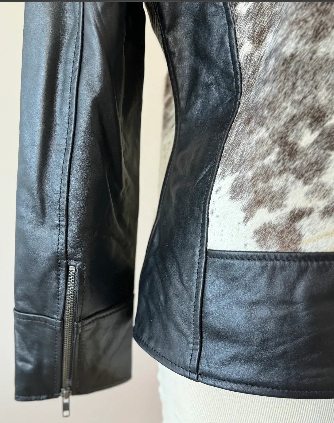 cowhide jacket women black white moto cow print leather