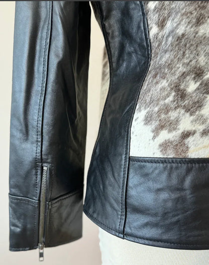 cowhide jacket women black white moto cow print leather