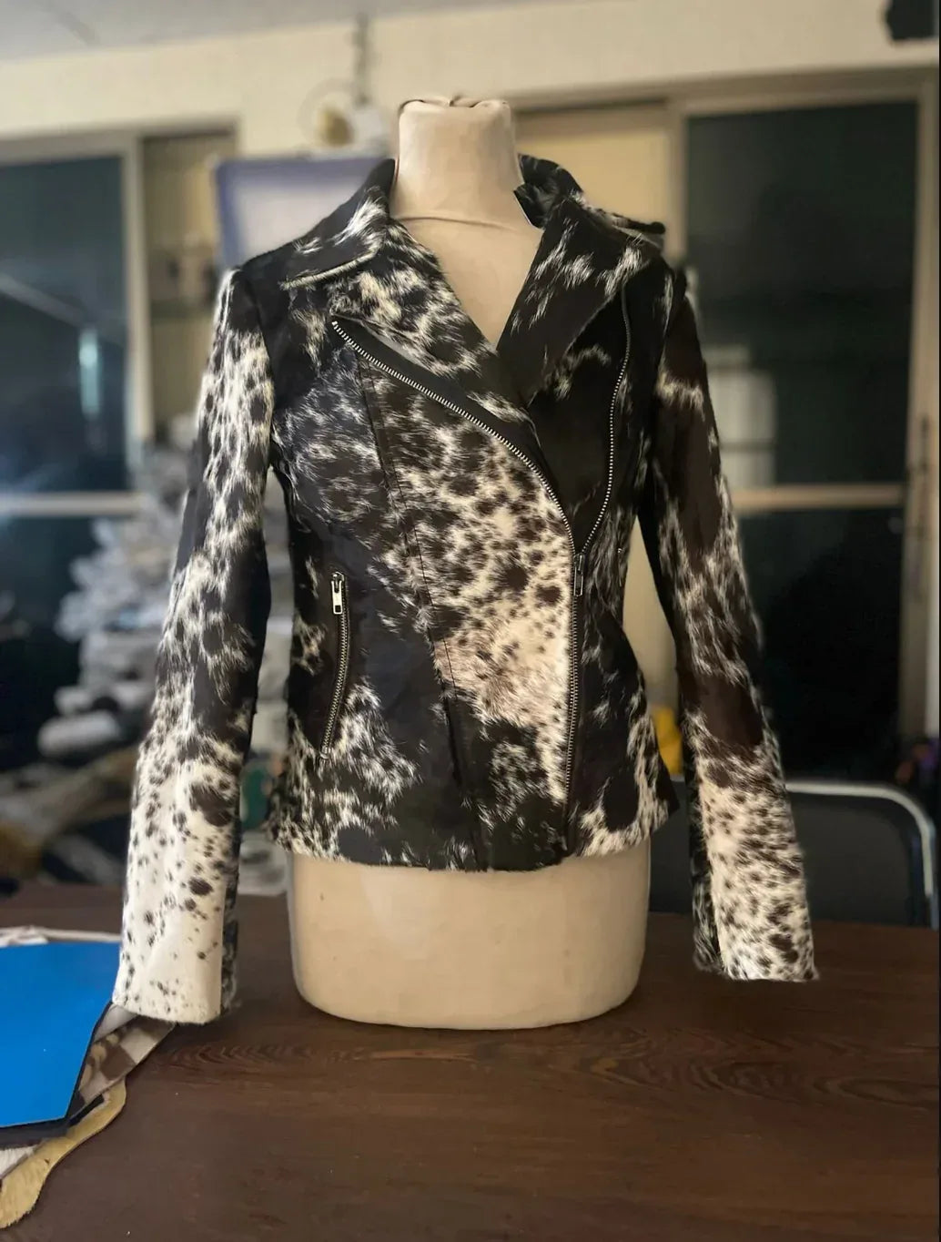 cowhide jacket women black white hair on hide