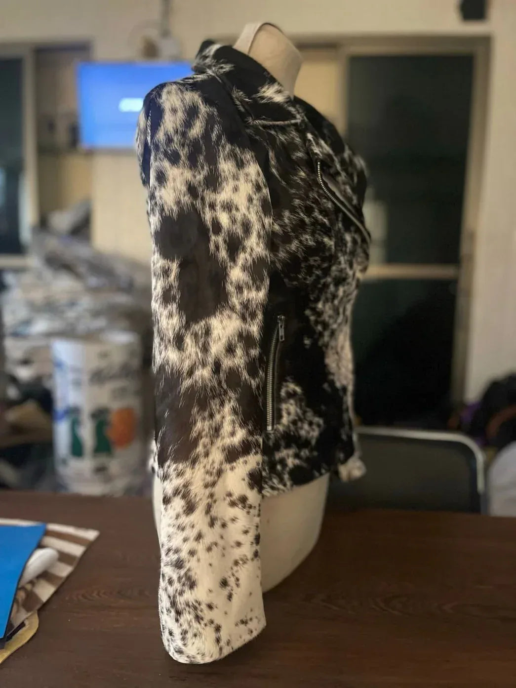 cowhide jacket black white hair on hide western