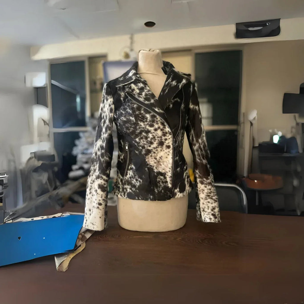 cowhide jacket women black white hair on hide