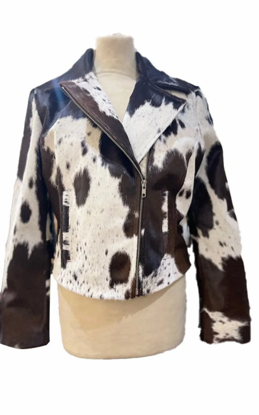 cowhide jacket black white motorbike design
