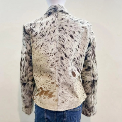 Men’s cowhide leather jacket made from real hide. Each cow jacket offers bold pattern, cow hair texture, and a standout silhouette.

