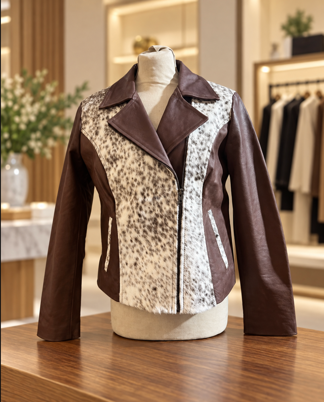 Cowhide Coat for Women in Brown Leather and White Hair-on Hide