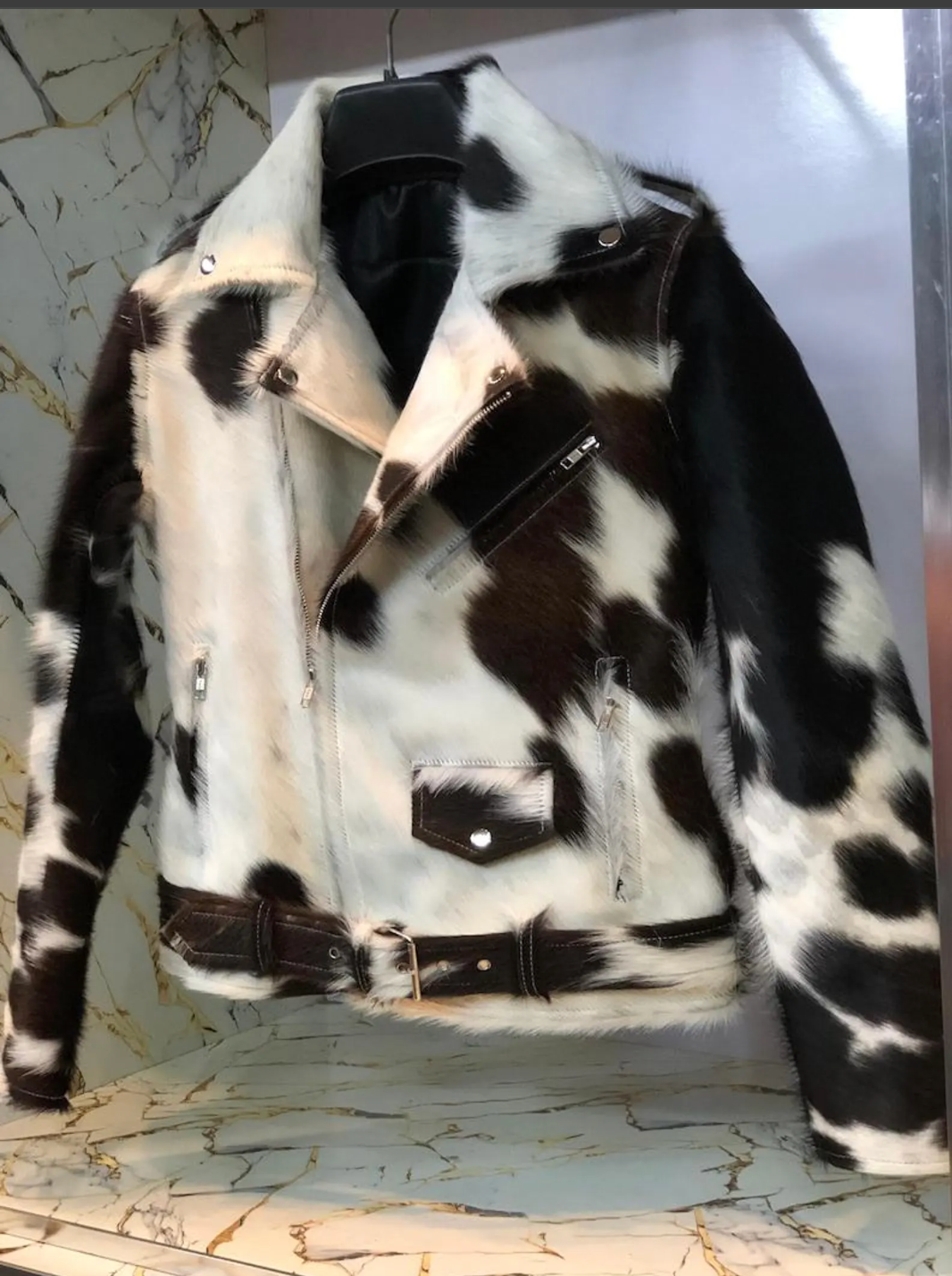 black white real cowhide biker jacket