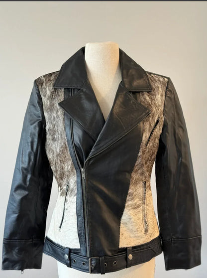 cowhide jacket women black white moto cow print leather